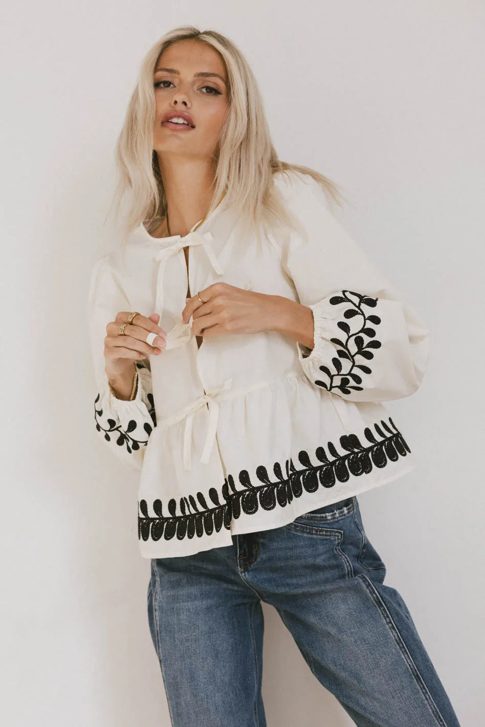 Stariana Embroidered Tie Blouse in Cream Disco