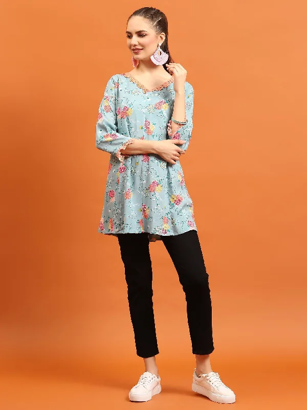 Women Sea Blue Floral Printed Tunic Elegant Women's 