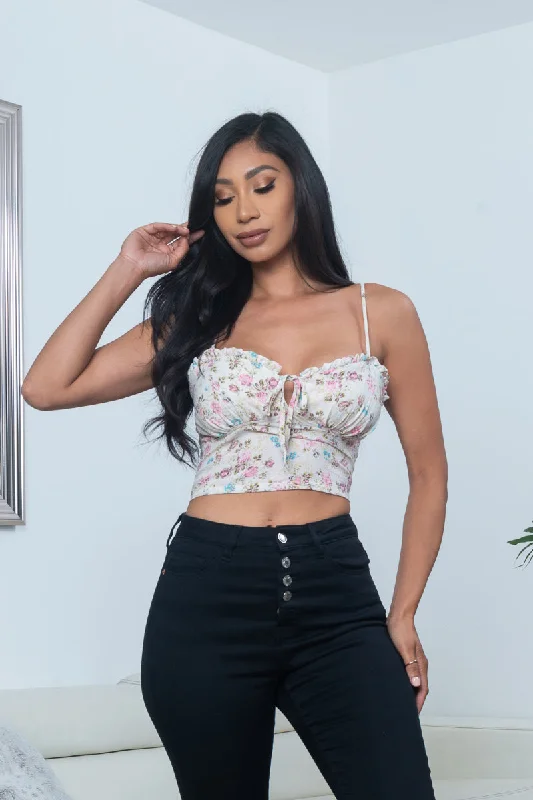 Soft Floral Print Spaghetti Strap Bow Tied Bustier Cup Crop Top with Lettuce Hem in Ivory (10127TM) Refined Women's Soft Floral Print Spaghetti Strap Bow Tied Bustier Cup Crop Top with Lettuce Hem in Ivory (10127TM) Refined Women's