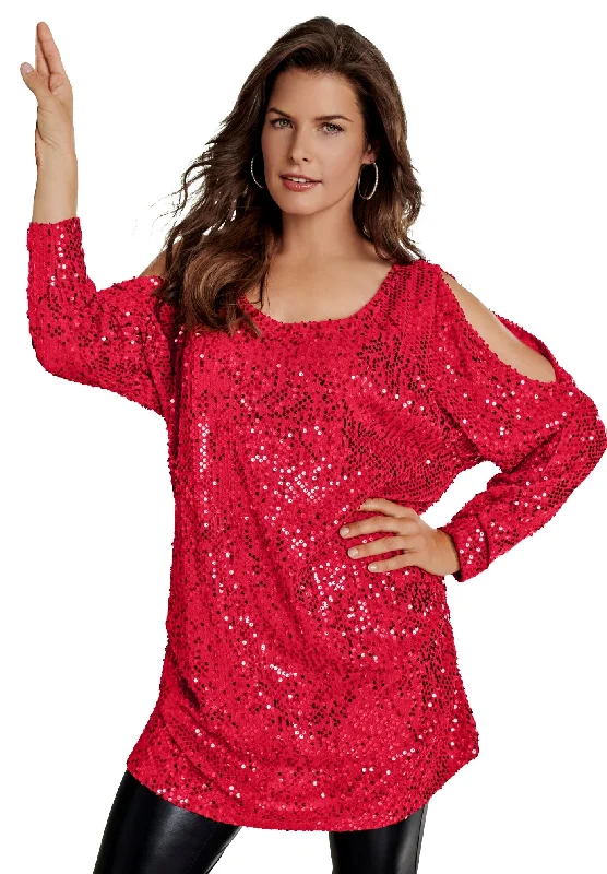 Cold-Shoulder Sequin Tunic Vintage Women's 1970S 