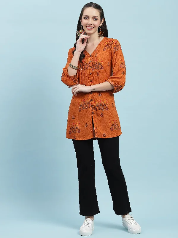 Women Rust Ornamental Printed Tunic Country