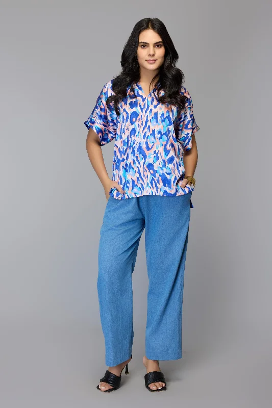 Blue Abstract Print Top Monochromatic Office Style