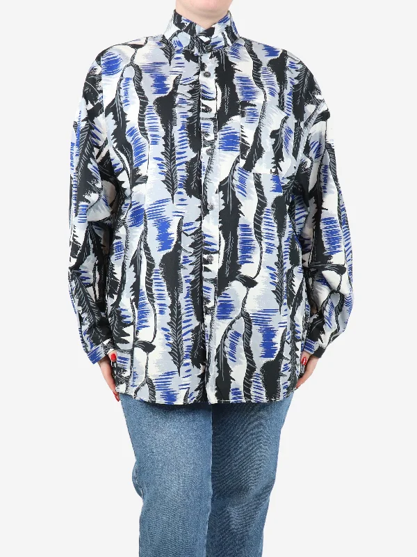 Blue and black printed high-neck shirt - size UK 14 British Gentlewoman Style