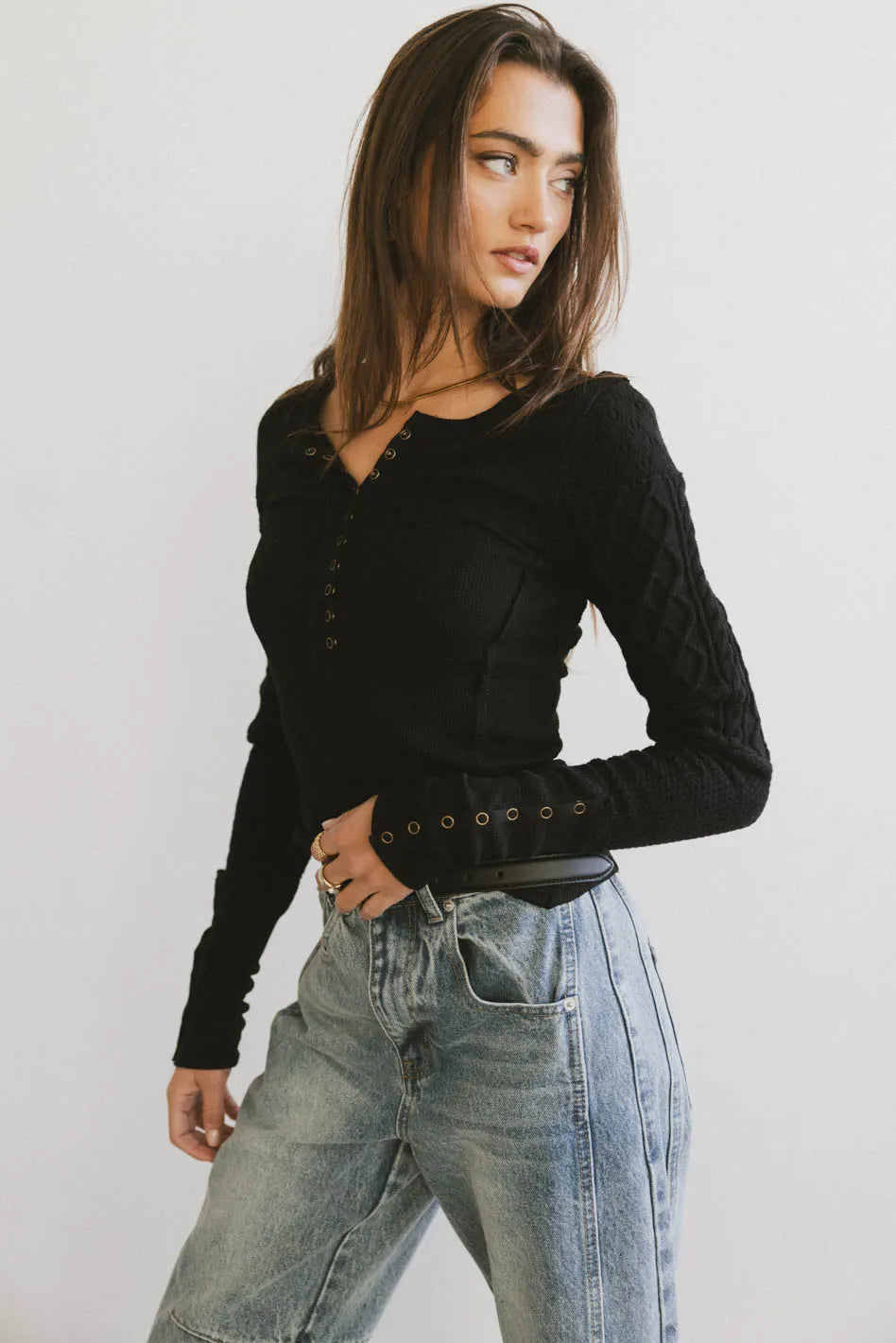 Naomi Cable Knit Sleeve Top in Black Confident Women's Power
