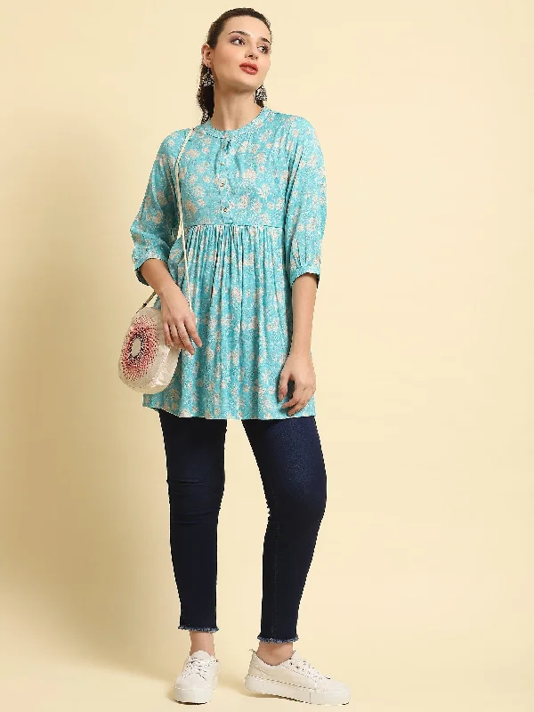 Women Sky Blue Floral Printed Tunic Confident Women's High - fashion