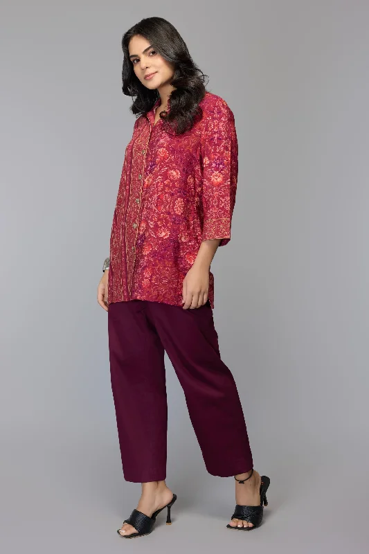 Cranberry Floral Button-Down Top Modern Women's 