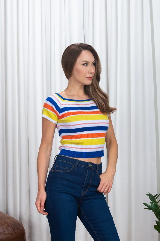 'Sunkist' Multi Color Stripe Rib Knit Short Sleeve Top in Orange, Yellow & Blue (187184) Youthful Women's Anime - inspired 'Sunkist' Multi Color Stripe Rib Knit Short Sleeve Top in Orange, Yellow & Blue (187184) Youthful Women's Anime - inspired