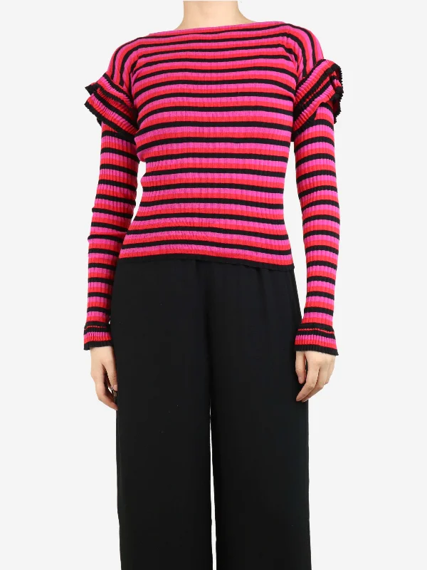 Multi striped ruffle-trim top - size UK 10 Relaxed Women's 