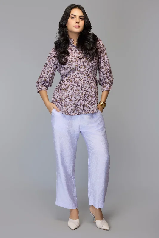 Elegant Purple Botanical Print Top Cool Women's Distressed