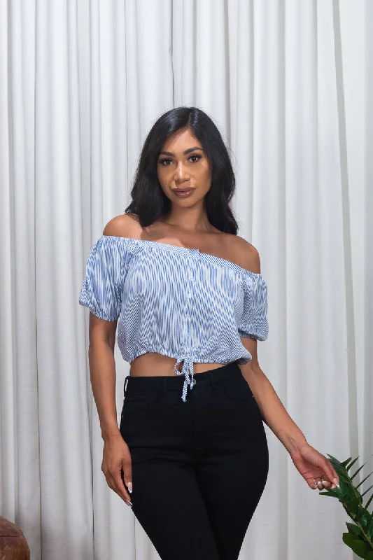 'Dukes of Hazard' Pin Striped Off Shoulder Short Puff Sleeve Crop Top with Faux Button Down Drawstring Waist in White & Blue* (185676) Dapper Women's Bow - adorned