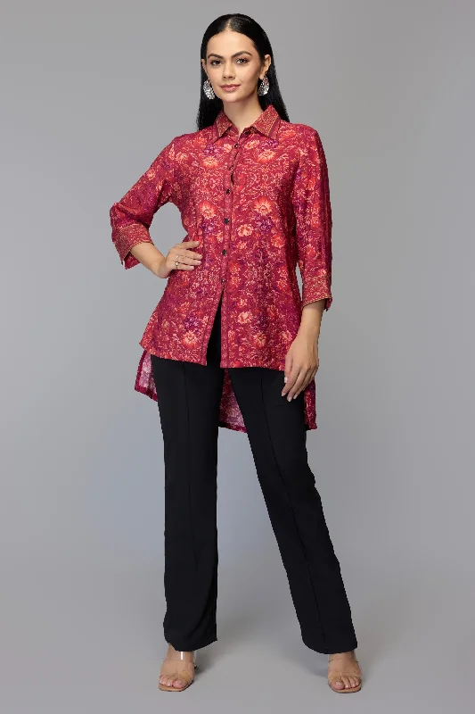 Floral Cranberry High-Low Top Practical Women's Quick - dry