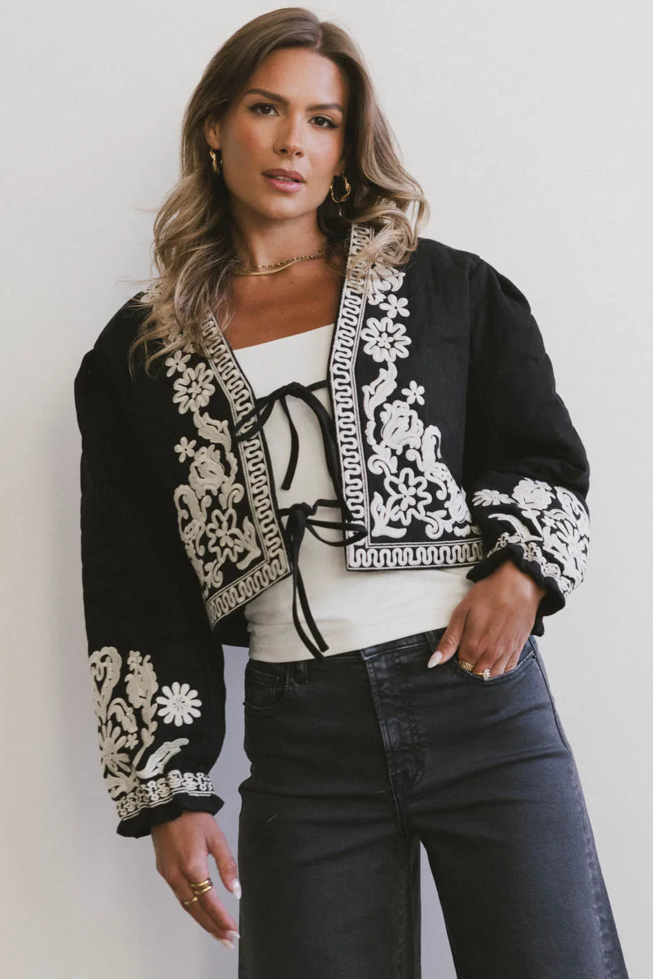 Benja Embroidered Jacket in Black Earthy Women's Hemp - based