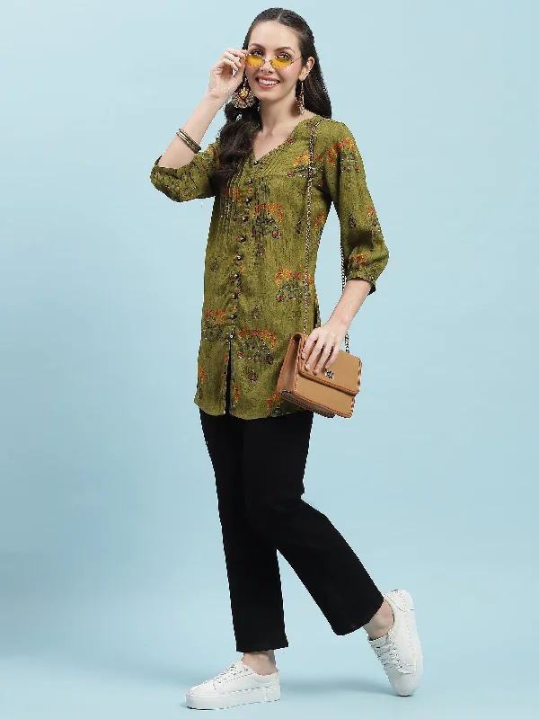 Women Olive Ornamental Printed Tunic Artistic Women's Avant - 