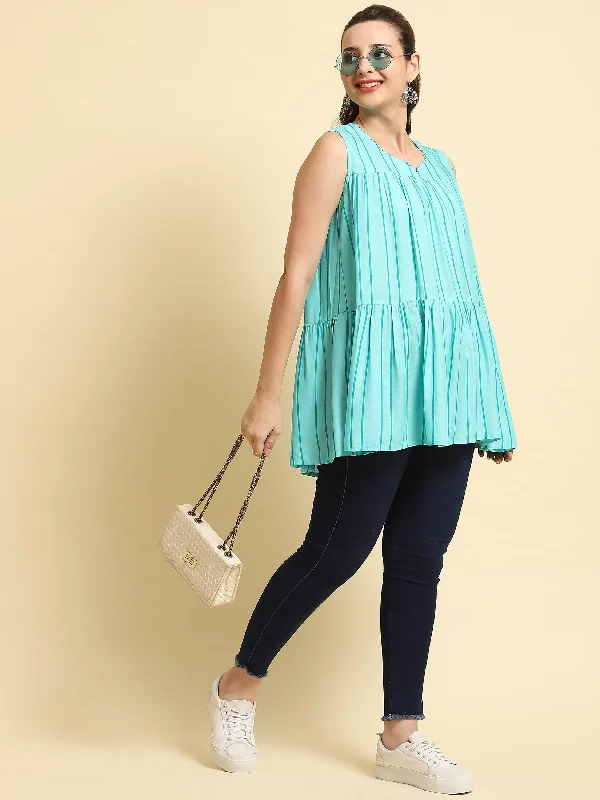 Women Blue Stripe Printed Tunic Sustainable Organic