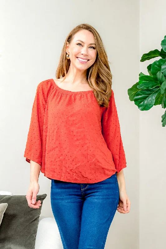 French Dot 3/4 Sleeve Off Shoulder Top with Rounded Hem*(L3213) Feminine Women's Soft 