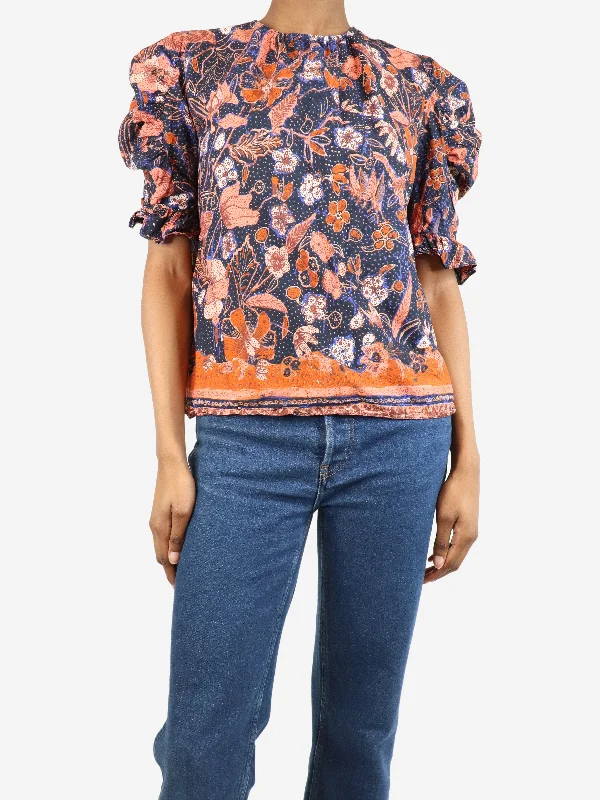 Navy blue floral ruched-sleeved top - size UK 6 French