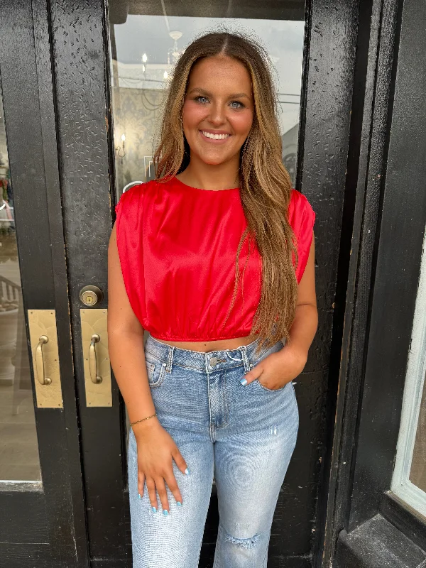 Red satin bubble crop top Street