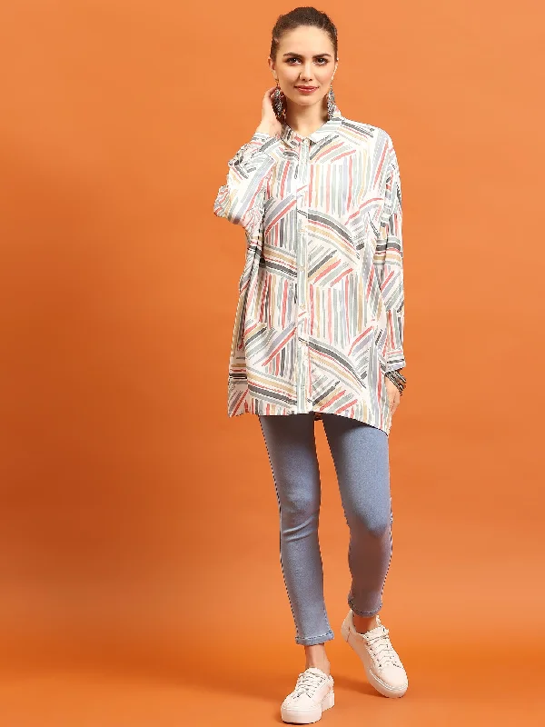 Women White Abstract Printed Shirt Artistic Women's Avant - 