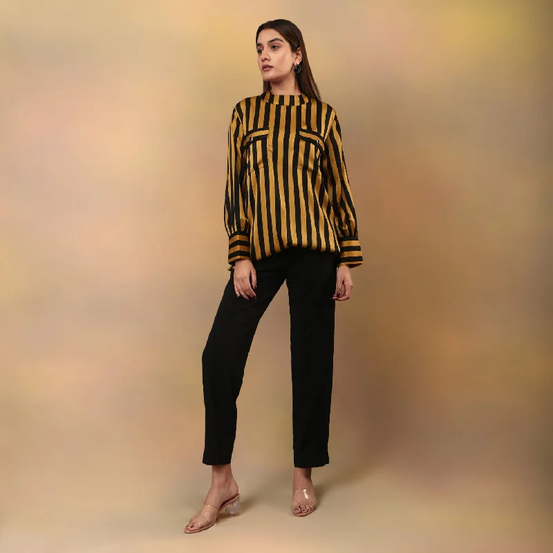 Mustard Striped Print Round Neck Top Polished Women's Silk