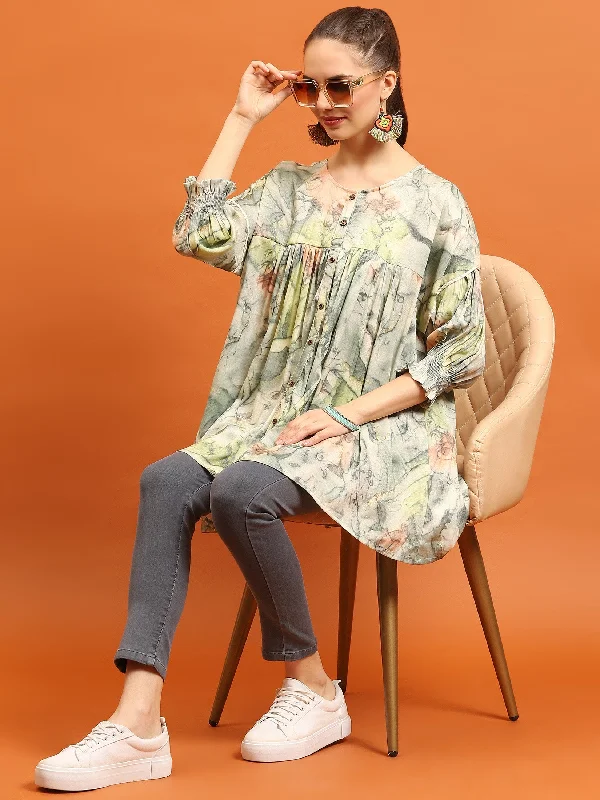 Women Green Abstract Boxy Fit Tunic Sporty Women's Tennis