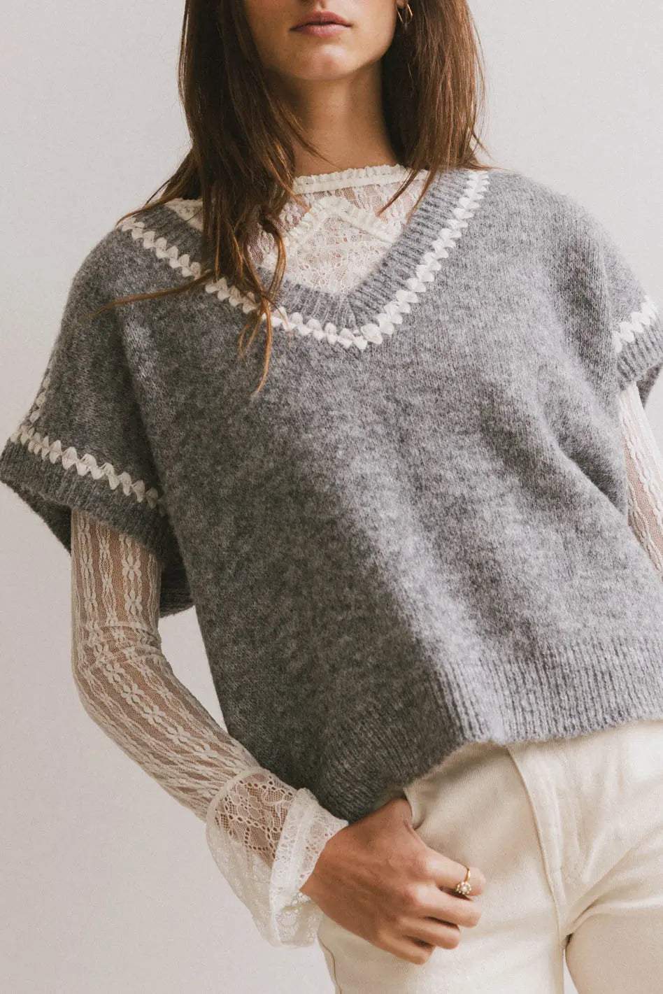 Hazel Embroidered Sweater Top in Grey Trendy Women's Oversized