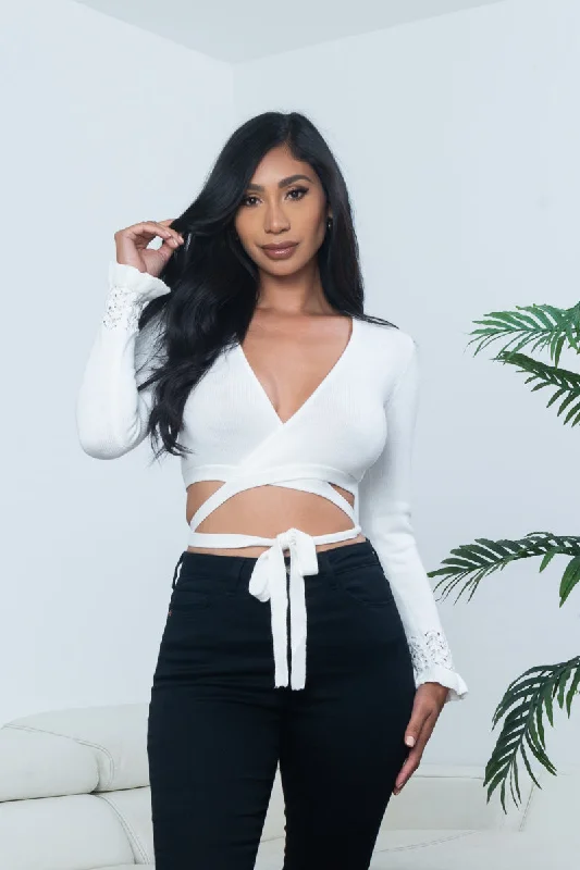 'Classy Chic'Knit Surplice Wrap Crop Top with Extended Waist Ties and Lettuce Hem Cuffed Long Sleeves in Off White* (LT16628-FCI) Geometric 'Classy Chic'Knit Surplice Wrap Crop Top with Extended Waist Ties and Lettuce Hem Cuffed Long Sleeves in Off White* (LT16628-FCI) Geometric