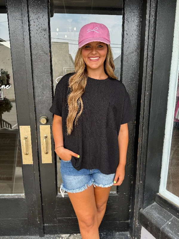 Black ribbed short sleeve pocket top Refined Women's 