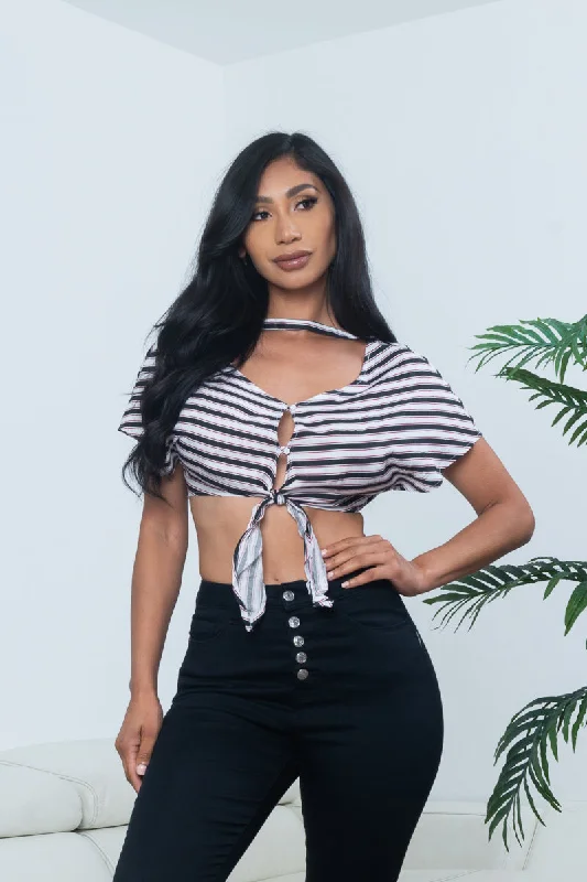 'Pin Up Doll' Striped Cap Sleeve V Neck Button and Tie Front Crop Top in White, Black & Red (N346T) Casual Women's Japanese 