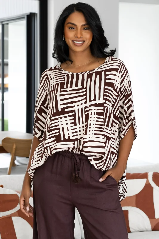 Brodie Drape Top Pathways Print Chocolate Sophisticated Women's 