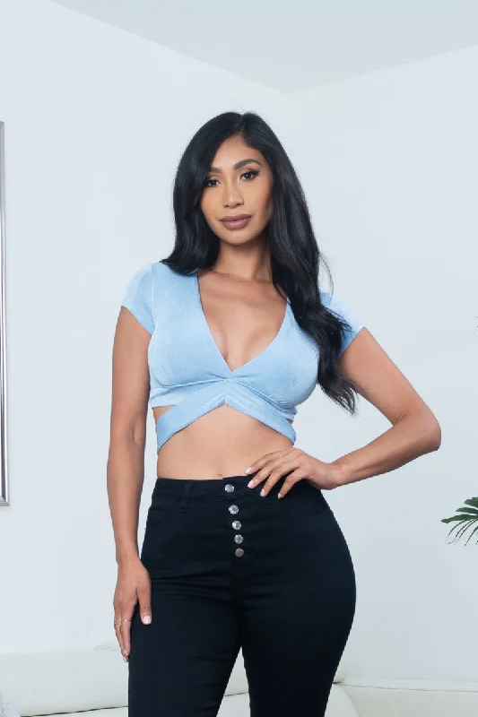 Shimmering Satin Cap Sleeve Plunge V Neck Crop Top with Tie Back in Cloud Blue (10114TM) Hip Women's Urban