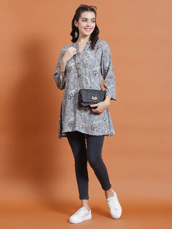 Women Blue Paisley Print Tunic Artistic Women's Hand - painted