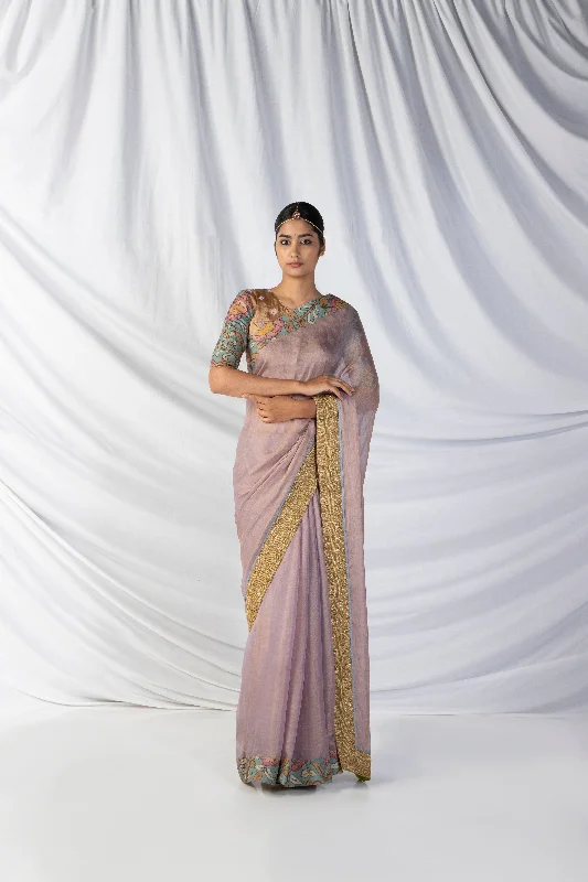 Niloufer Saree And Blouse Set In Periwinkle Purple And Dull Gold Dynamic Women's High - energy