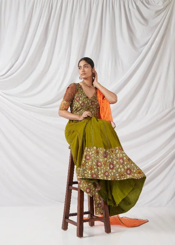 Savanthige Salwset In Army Green And Tiger Orange Youthful Women's Anime - inspired