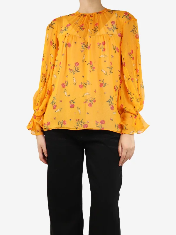 Orange silk floral blouse - size UK 8 Vintage Women's 1970S 