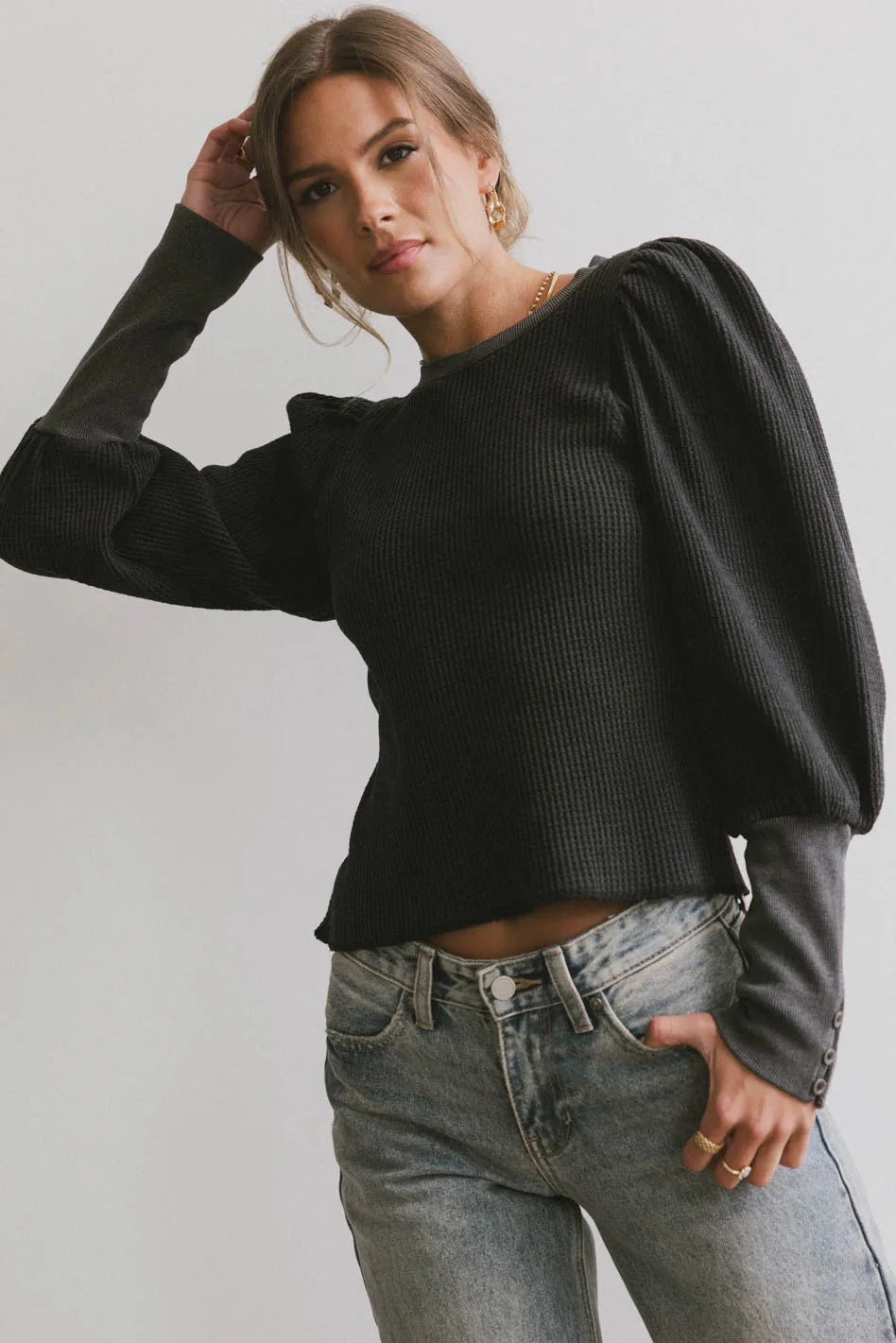Lettie Waffle Knit Top in Black Elegant Women's Formal 