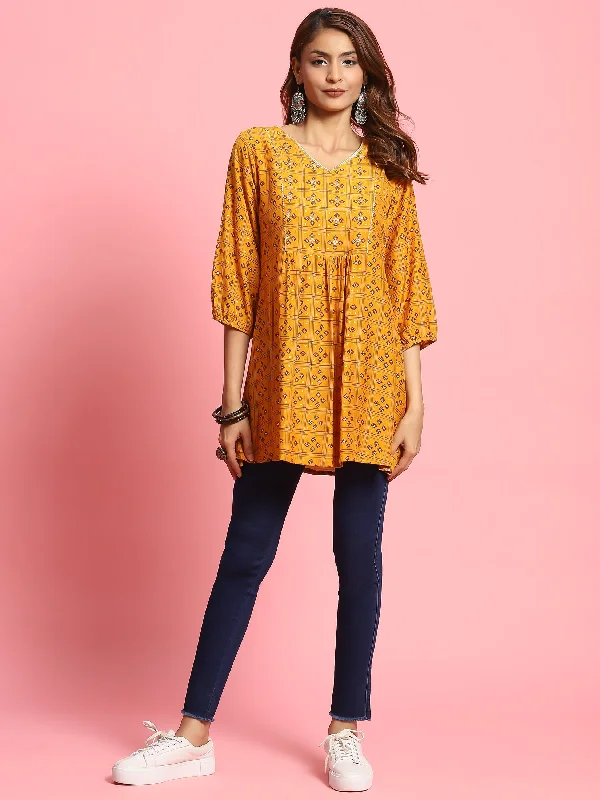 Women Mustard Geometric Printed Tunic Relaxed Women's 