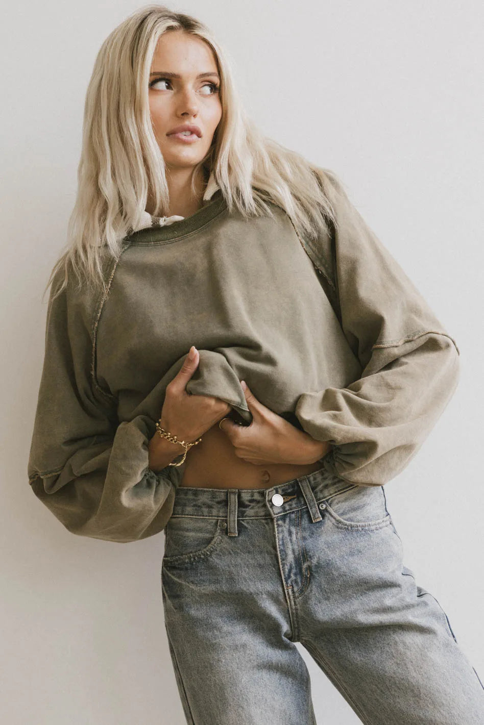 Porter Distressed Crewneck in Olive Dynamic Women's Moto