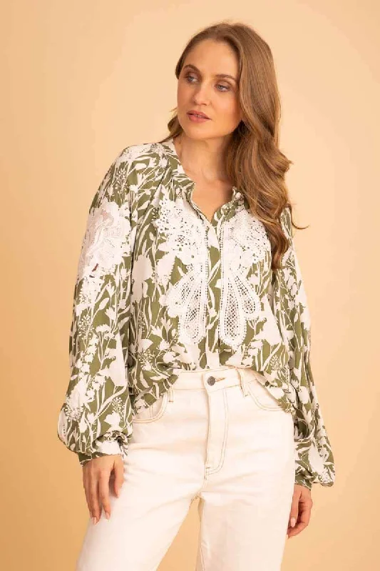 Annie Blouse Green Floral Elegant Women's 