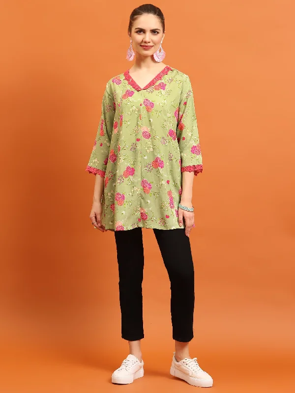 Women Green V-Neck Printed Tunic Country