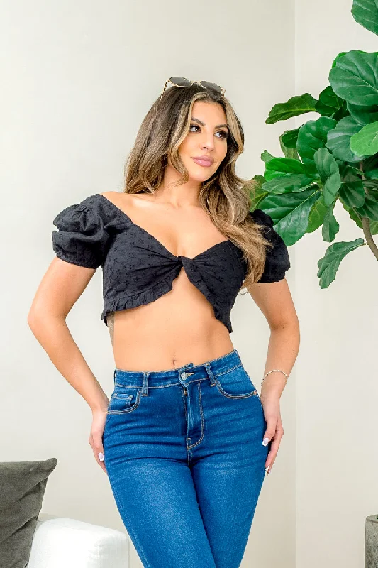 Short Puff Sleeve Eyelet Lace Bow Tied Front Crop Top in Black (VIT8432-1) Feminine Women's Soft Short Puff Sleeve Eyelet Lace Bow Tied Front Crop Top in Black (VIT8432-1) Feminine Women's Soft