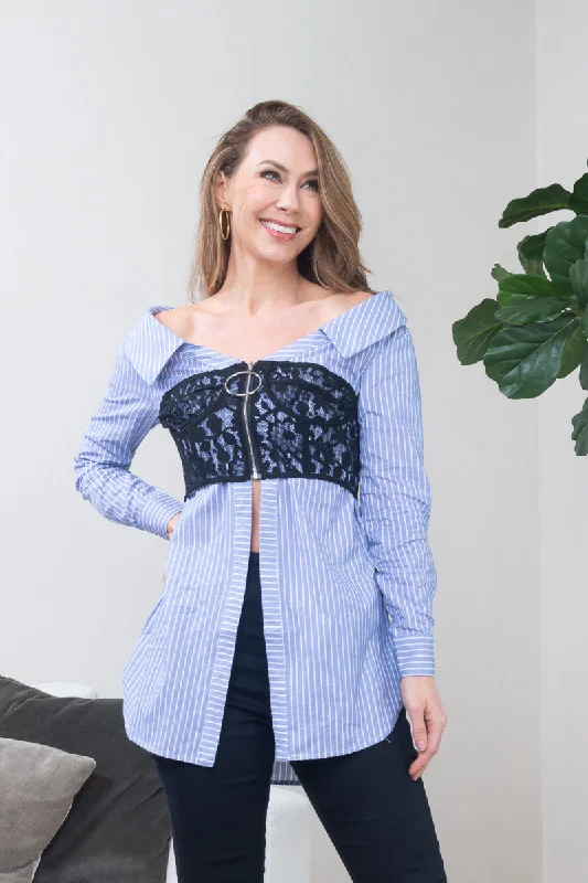 'Boss Babe' Off Shoulder Dual Layered Floral Lace Bustier Crop Topped O-Ring Zip Pin Striped Shirt in Denim Blue (VIT7854) Bold Women's Animal Print 'Boss Babe' Off Shoulder Dual Layered Floral Lace Bustier Crop Topped O-Ring Zip Pin Striped Shirt in Denim Blue (VIT7854) Bold Women's Animal Print