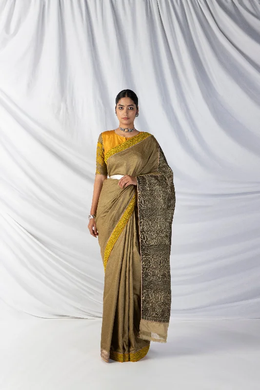 Gandberunda Saree And Blouse Setin Tortilla Brown And Black French