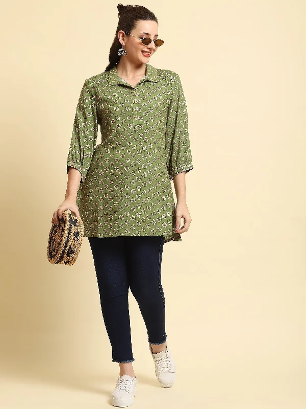 Women Green Floral Printed Tunic Contemporary 