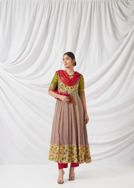 Savathige Salwar Set In Olive Green, Taupe Brown And Redstone Modern Women's 