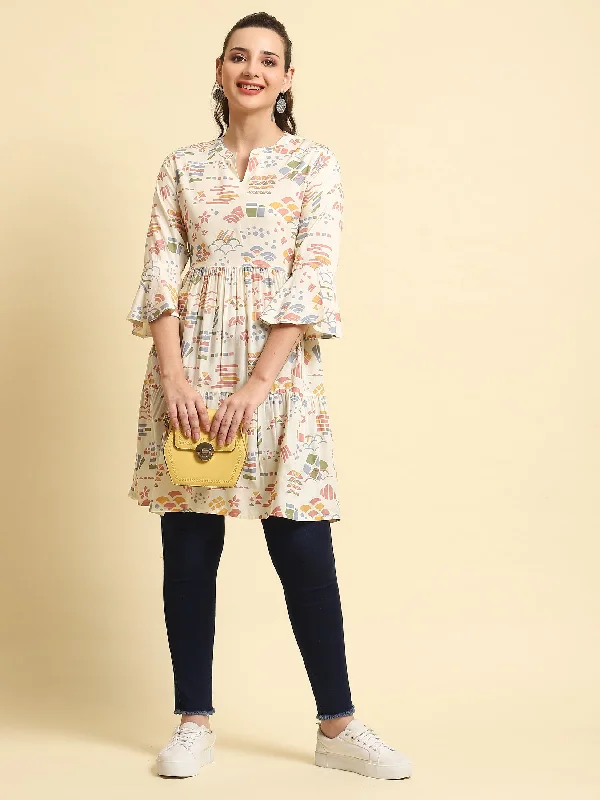 Women White Abstract Printed Short Tunic Modern Women's 