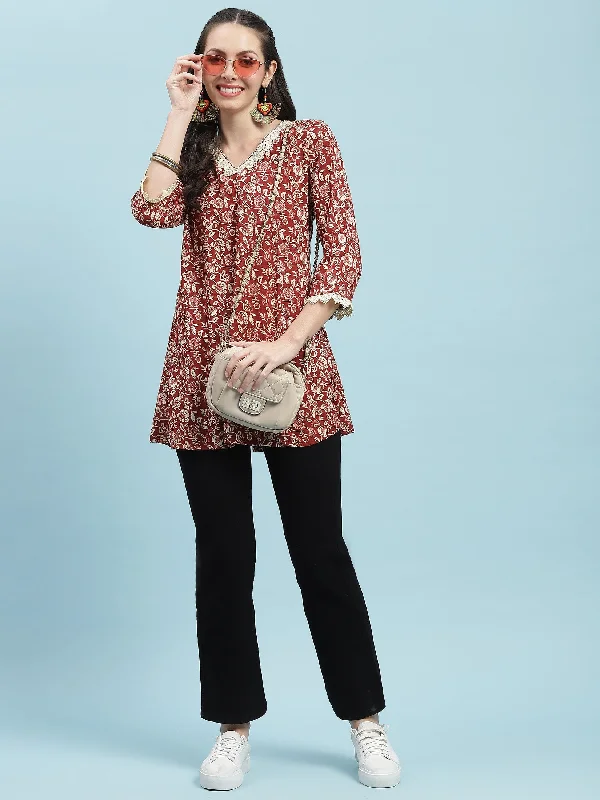 Women Maroon Floral Printed Tunic Sharp Women's Italian