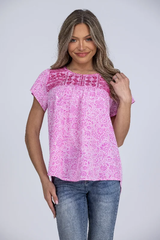 Feel Like A Girl Embroidered Pleated Short Cap Sleeve Top Sophisticated Women's Tailored