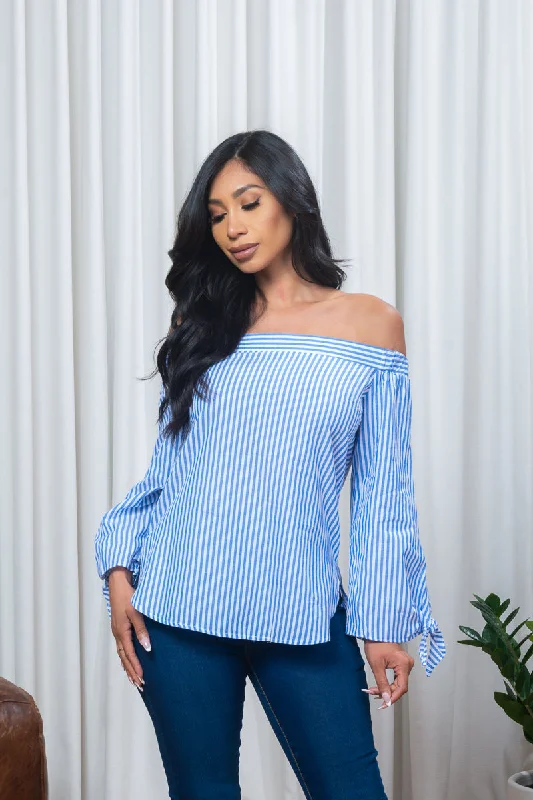 Off Shoulder Striped Long Sleeve Top with Tie Cuffs in Blue & White (171146) Sharp Women's Italian Off Shoulder Striped Long Sleeve Top with Tie Cuffs in Blue & White (171146) Sharp Women's Italian