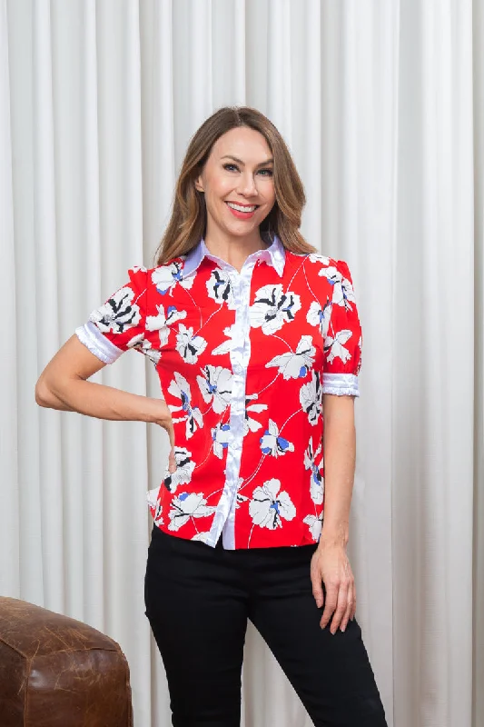 Lotus Flower Print Short Sleeve Button Down Top with White Satin Contrast in Red (SB1141) Edgy Women's Punk Lotus Flower Print Short Sleeve Button Down Top with White Satin Contrast in Red (SB1141) Edgy Women's Punk