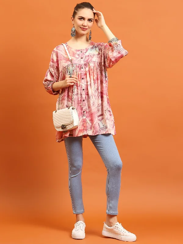 Women Pink Abstract Printed Tunic Unique Women's Upcycled